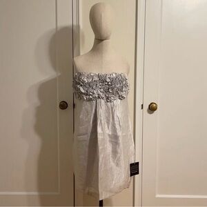 Bloomingdale’s Silver Strapless Floral Ruffle Party Dress